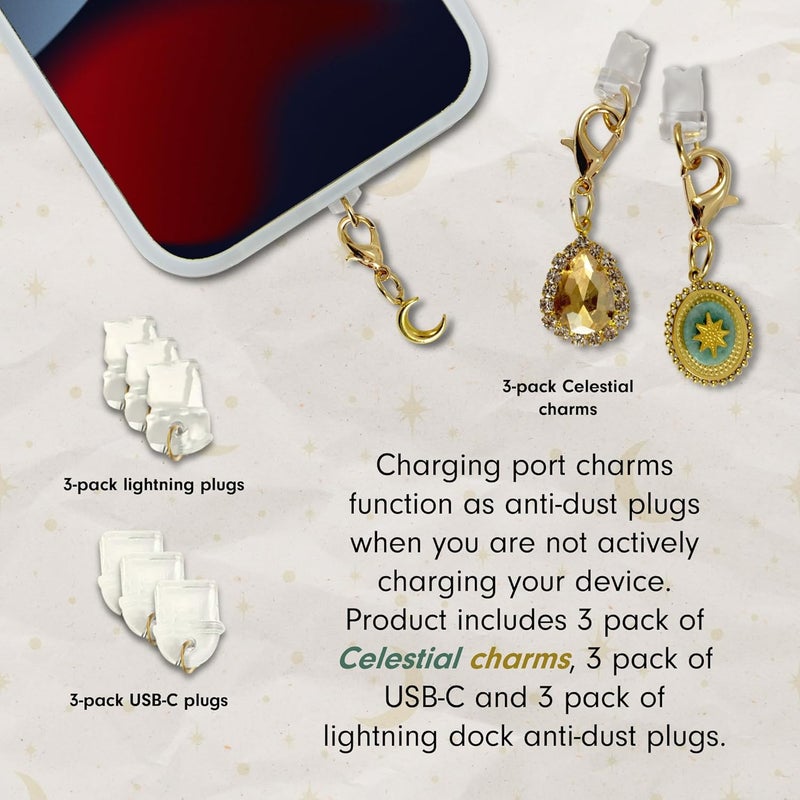 Sonix Dust Plugs - USB C + Lightning Compatible - Charging Port Charms (3 Pack) - Celestial - Sunburst, Teardrop Jewel, Crescent Moon - Image 3